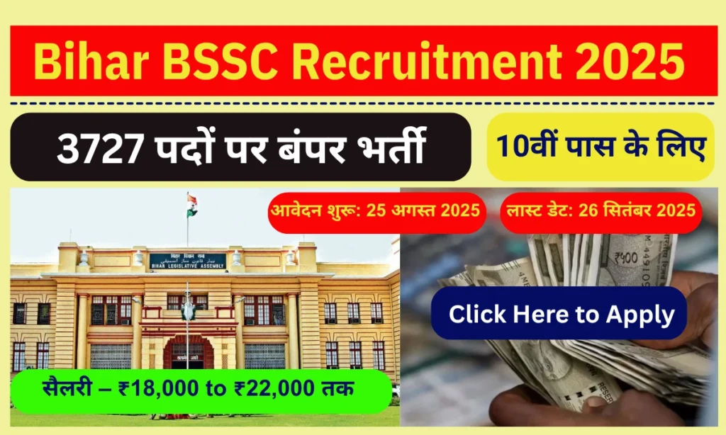 Bihar BSSC Recruitment 2025: 10वीं पास के लिए 3727 पदों पर बंपर भर्ती, जल्दी करें आवेदन Bihar BSSC Recruitment 2025: 10वीं पास के लिए 3727 पदों पर बंपर भर्ती, जल्दी करें आवेदन