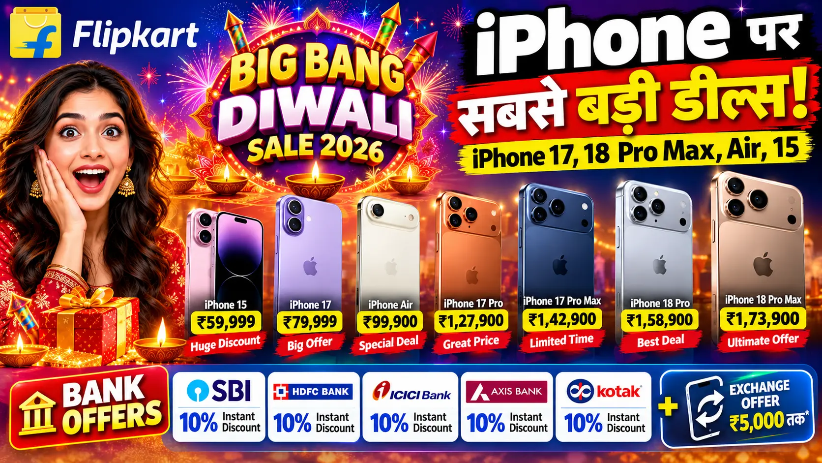 Flipkart Big Bang Diwali Sale 2026: iPhone 15 से iPhone 18 Pro Max तक, देखें बेस्ट डील्स और ऑफर्स Flipkart Big Bang Diwali Sale 2026: iPhone 15 से iPhone 18 Pro Max तक, देखें बेस्ट डील्स और ऑफर्स